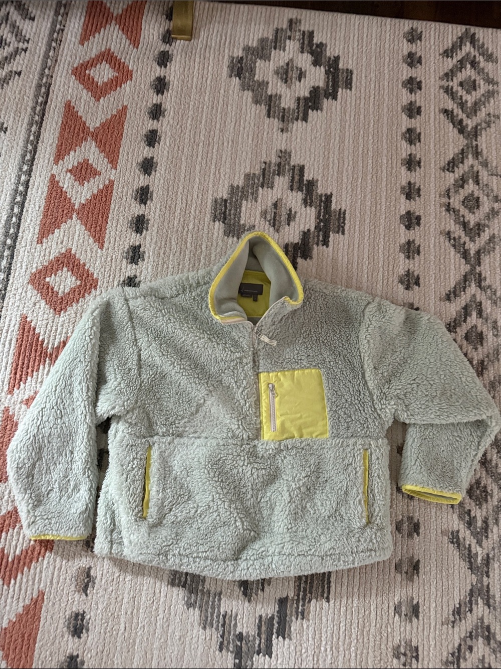 Anthropology Cozy Sherpa Pullover Jacket - Light Mint with Yellow Trim